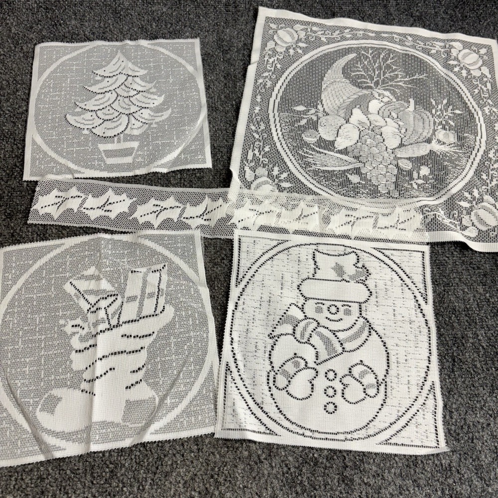 Lot of 5 Vintage Filet Crochet Lace Doily Panels Cornucopia Christmas Assortment